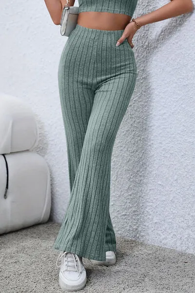 Timone Basic Bae Full Size Ribbed High Waist Flare Pants
