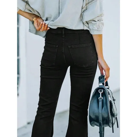 trendy Ripped distressed Raw Hem Flared Jeans black denim