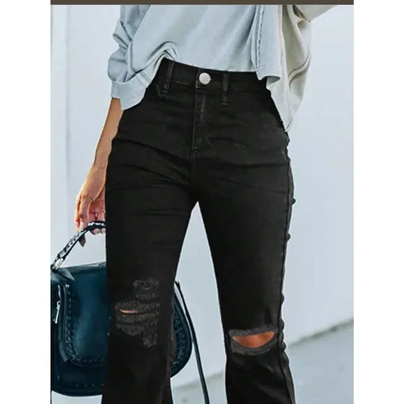 trendy Ripped distressed Raw Hem Flared Jeans black denim