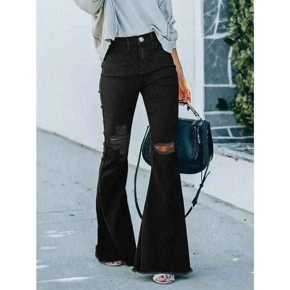 trendy Ripped distressed Raw Hem Flared Jeans black denim