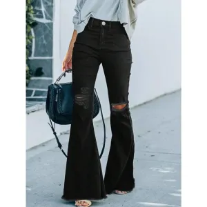 trendy Ripped distressed Raw Hem Flared Jeans black denim