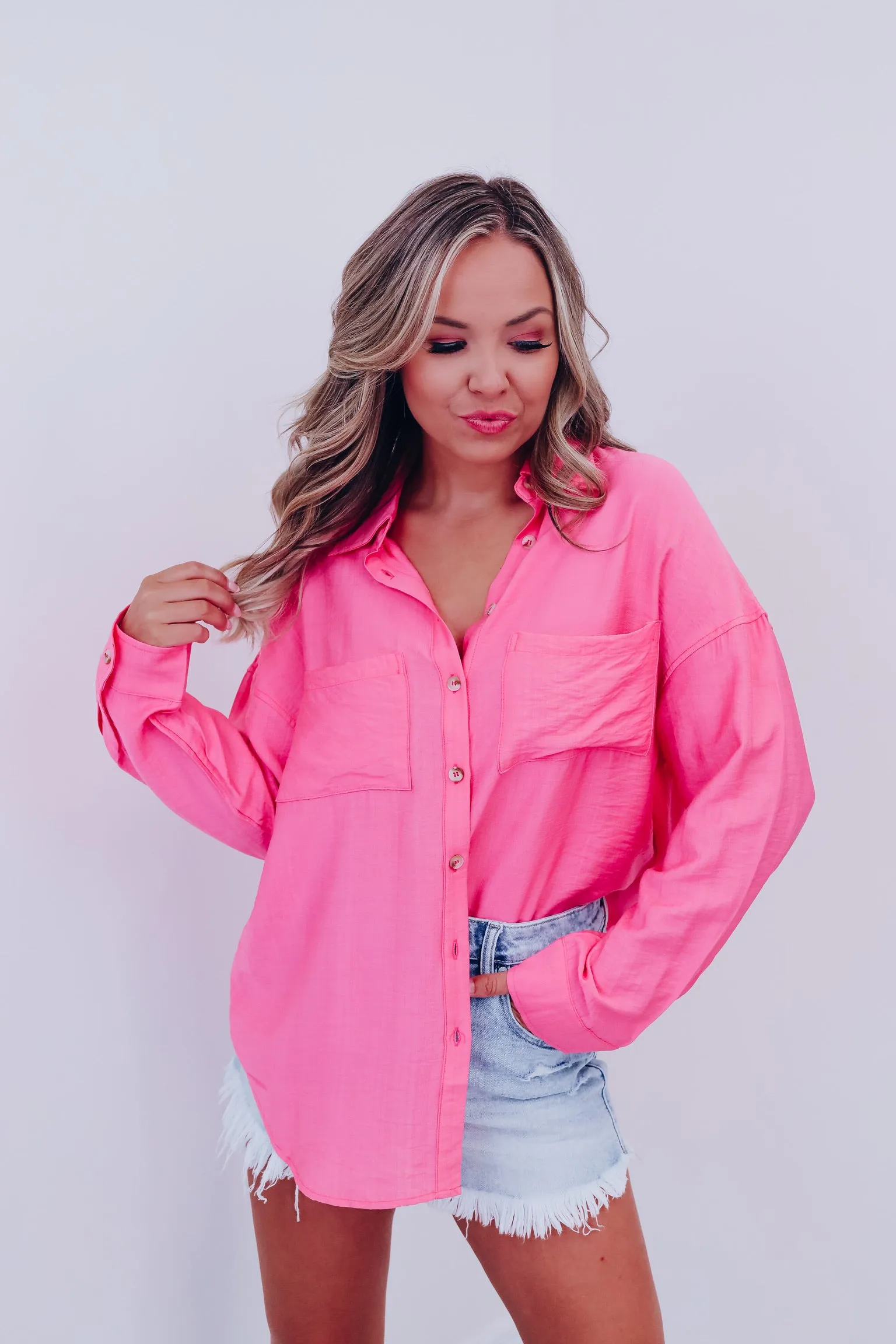 Tresco Textured Button Down Shirt- Pink