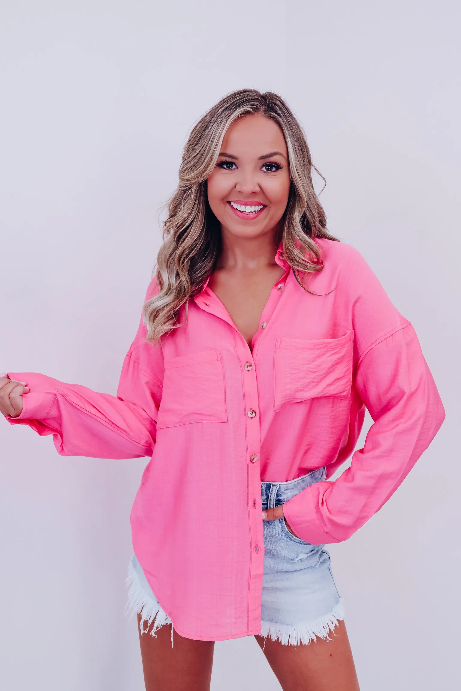 Tresco Textured Button Down Shirt- Pink