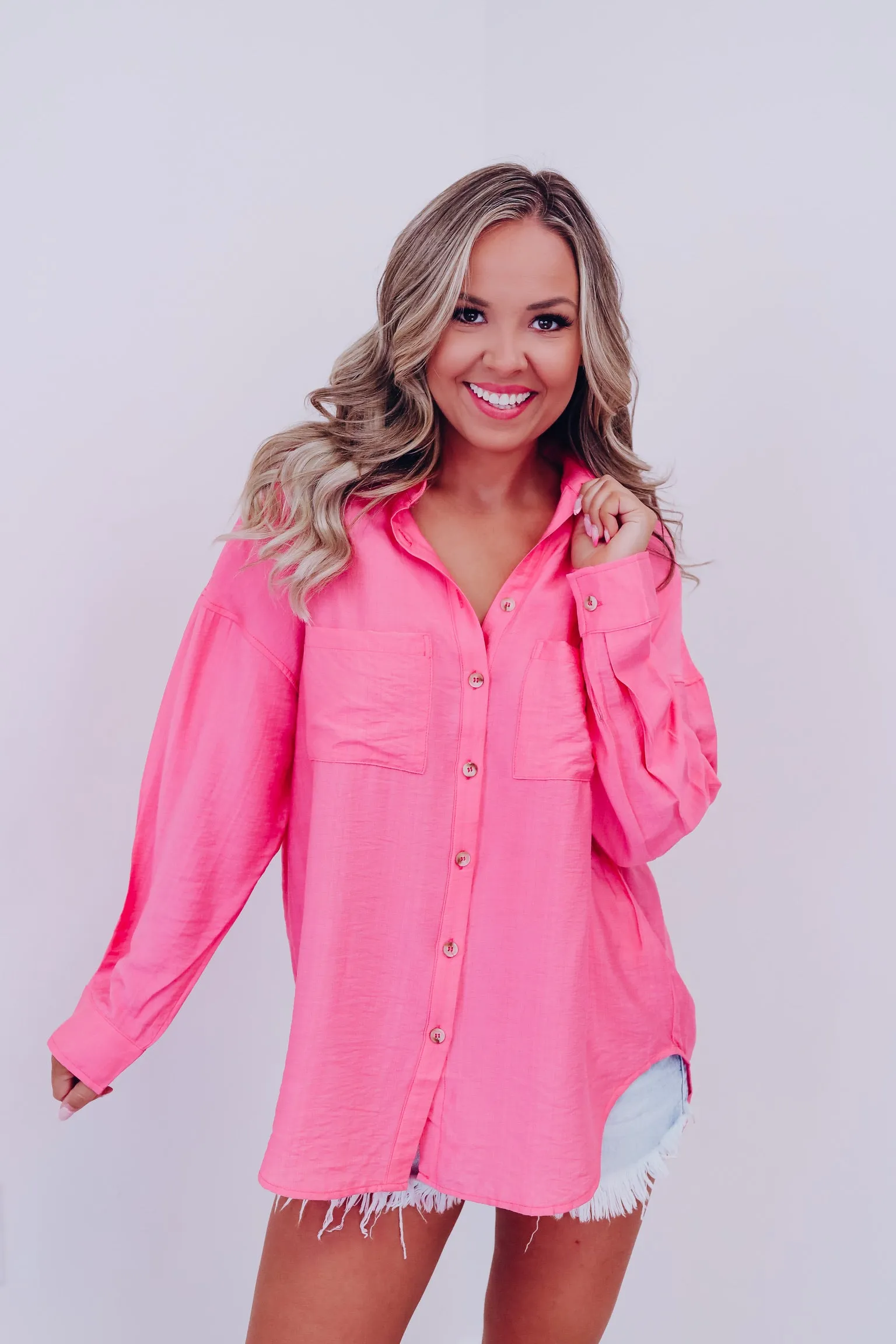 Tresco Textured Button Down Shirt- Pink