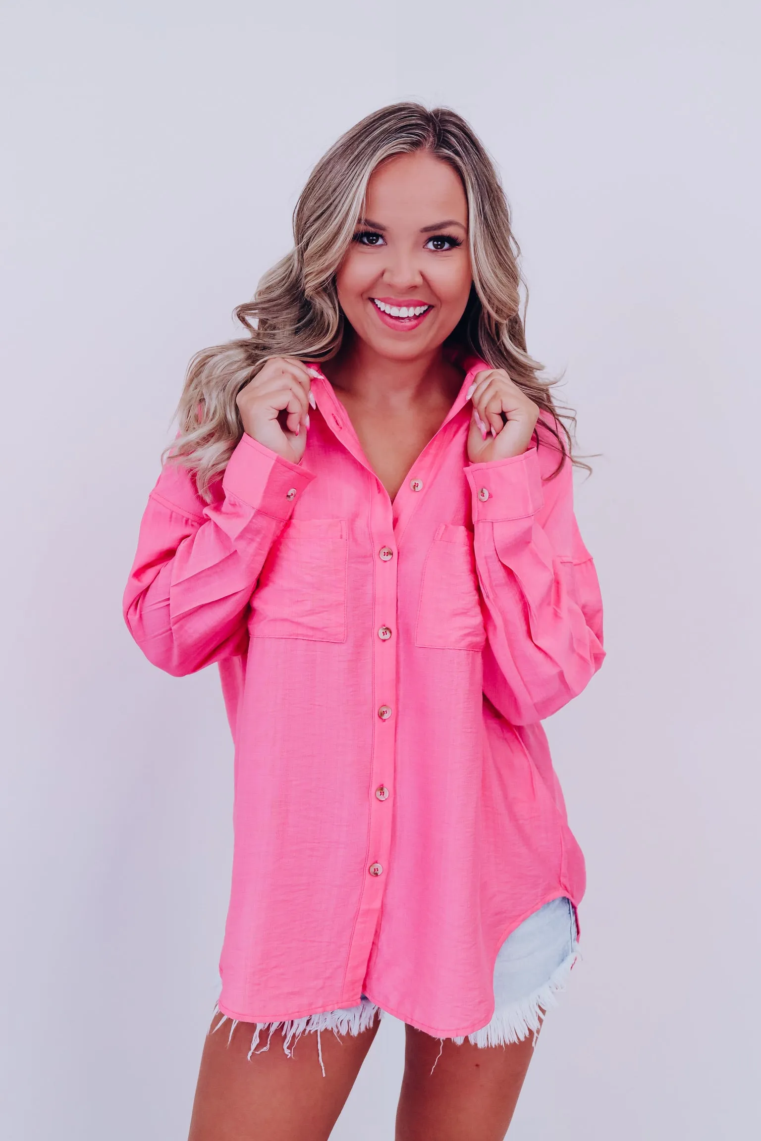 Tresco Textured Button Down Shirt- Pink