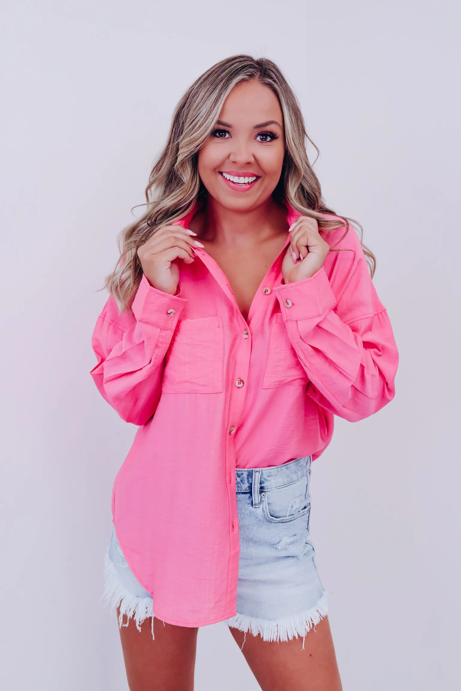 Tresco Textured Button Down Shirt- Pink