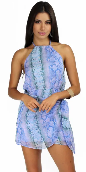 Tropical & Wild Blue Snake Print Halter Dress