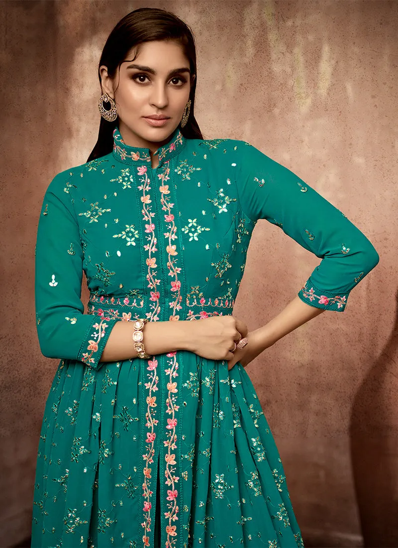 Turquoise Multi Embroidered Slit Style Festive Anarkali Pant Suit