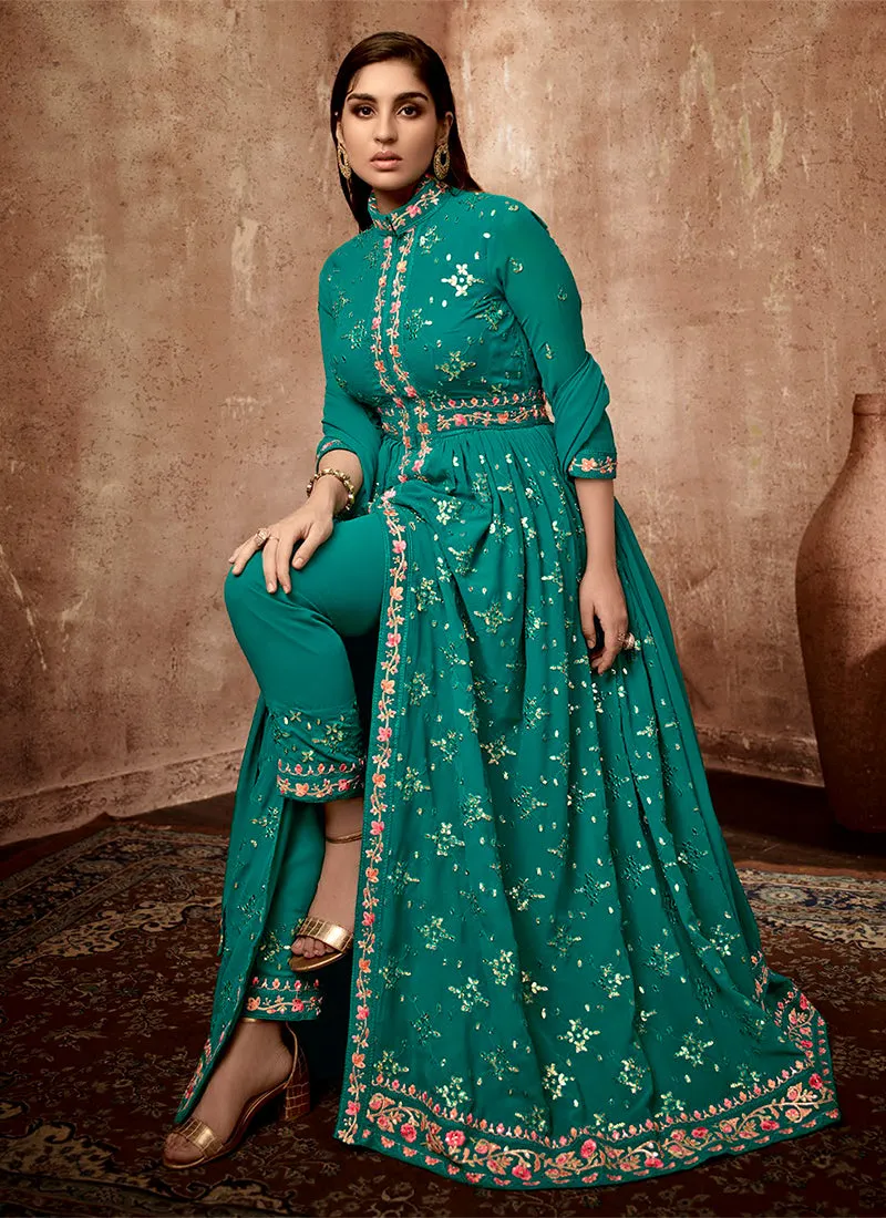 Turquoise Multi Embroidered Slit Style Festive Anarkali Pant Suit