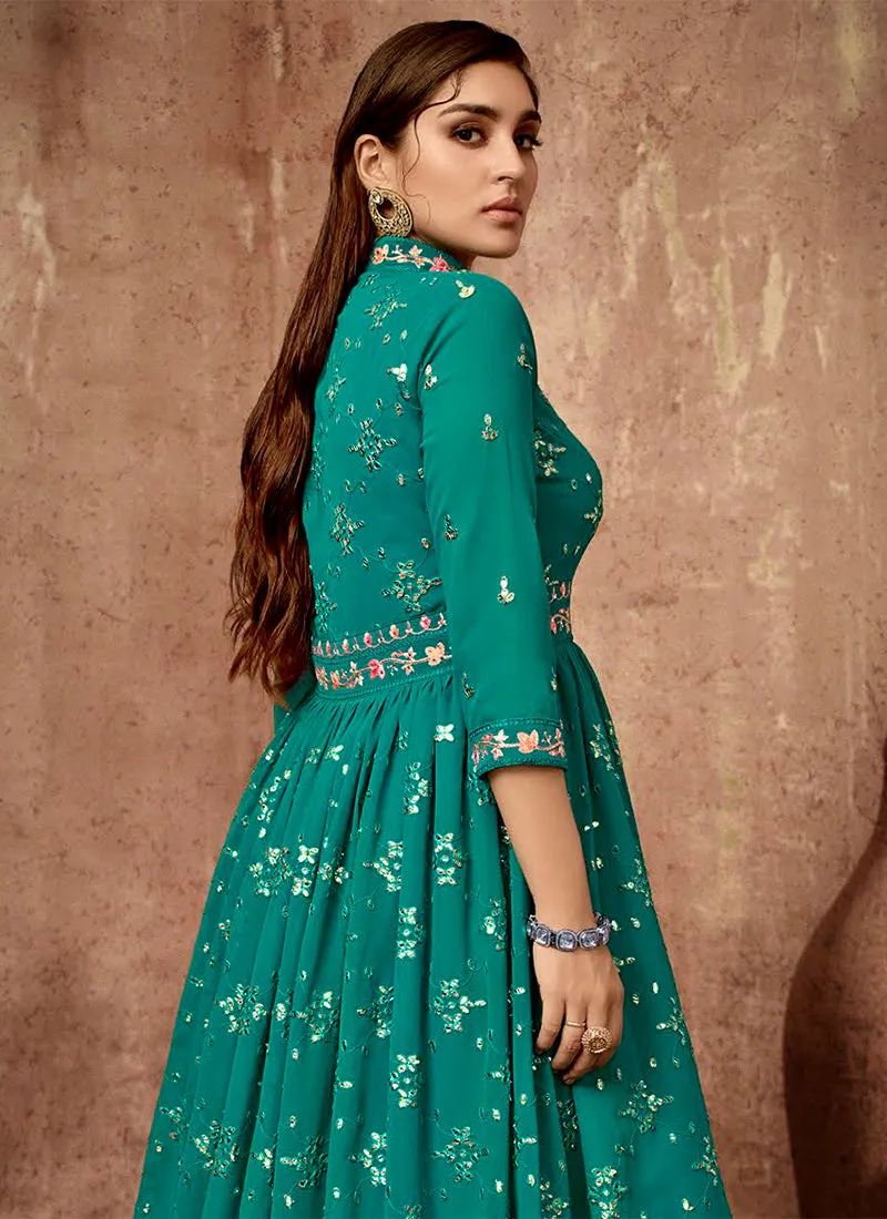 Turquoise Multi Embroidered Slit Style Festive Anarkali Pant Suit