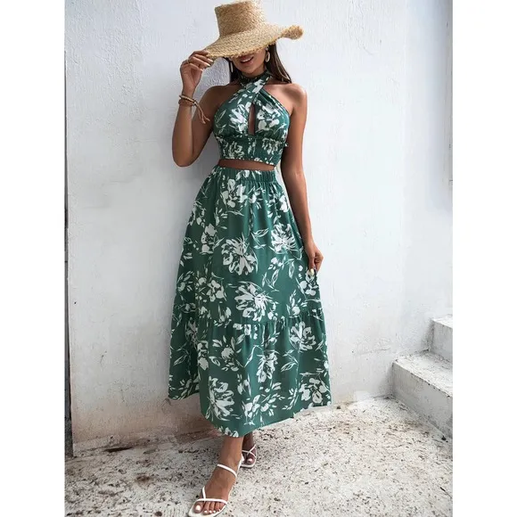 two piece skirt set: Floral Print Tie Back Crop Top &amp; Ruffle midi Skirt