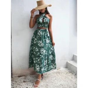 two piece skirt set: Floral Print Tie Back Crop Top &amp; Ruffle midi Skirt