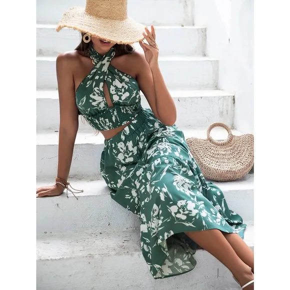two piece skirt set: Floral Print Tie Back Crop Top &amp; Ruffle midi Skirt