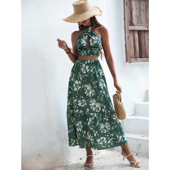 two piece skirt set: Floral Print Tie Back Crop Top &amp; Ruffle midi Skirt