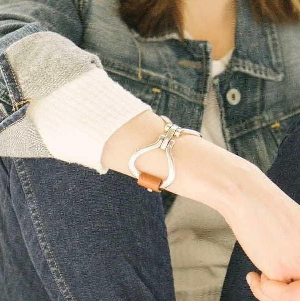Two-Sided Snaffle Bit Leather Bracelet with Brown Leather Cuff