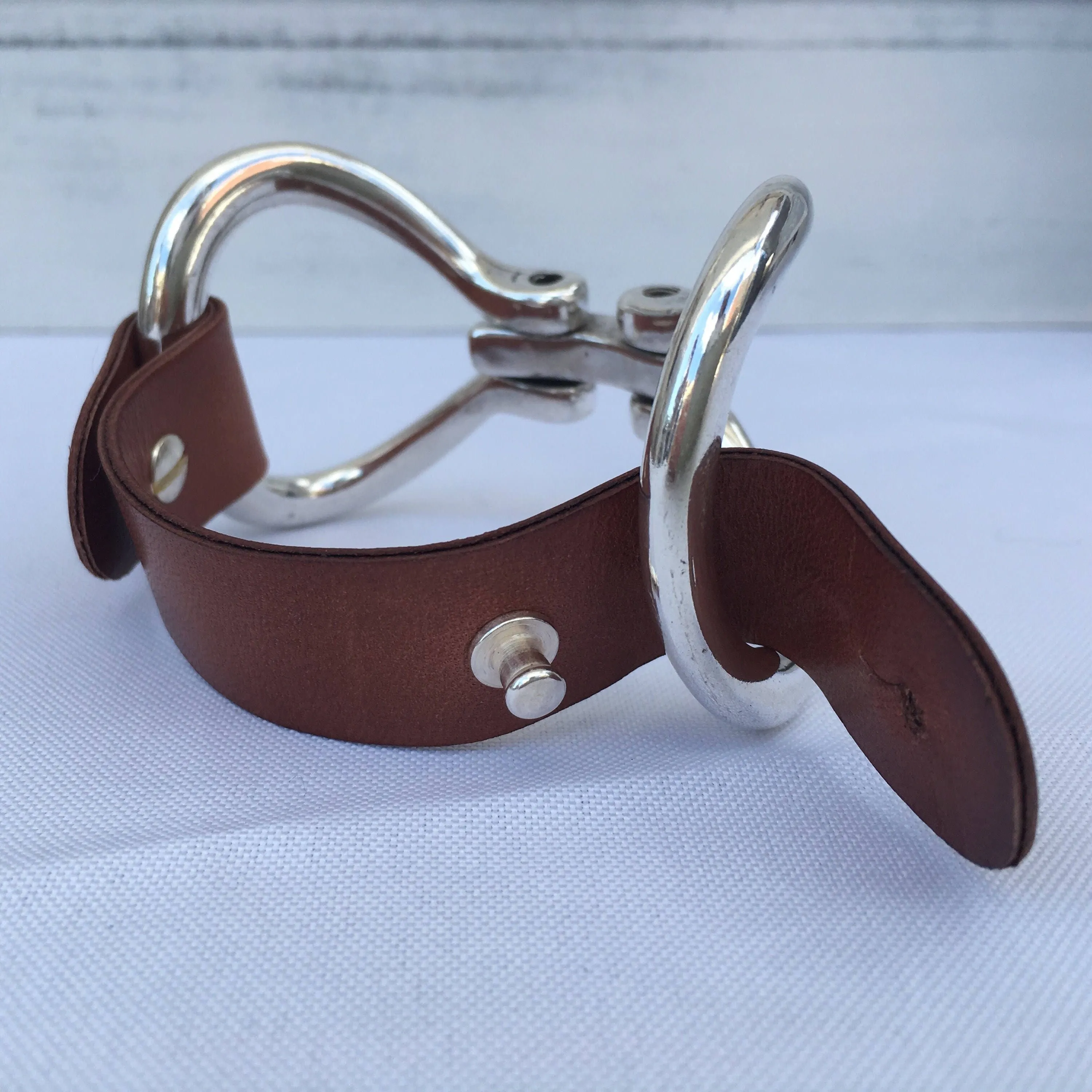 Two-Sided Snaffle Bit Leather Bracelet with Brown Leather Cuff