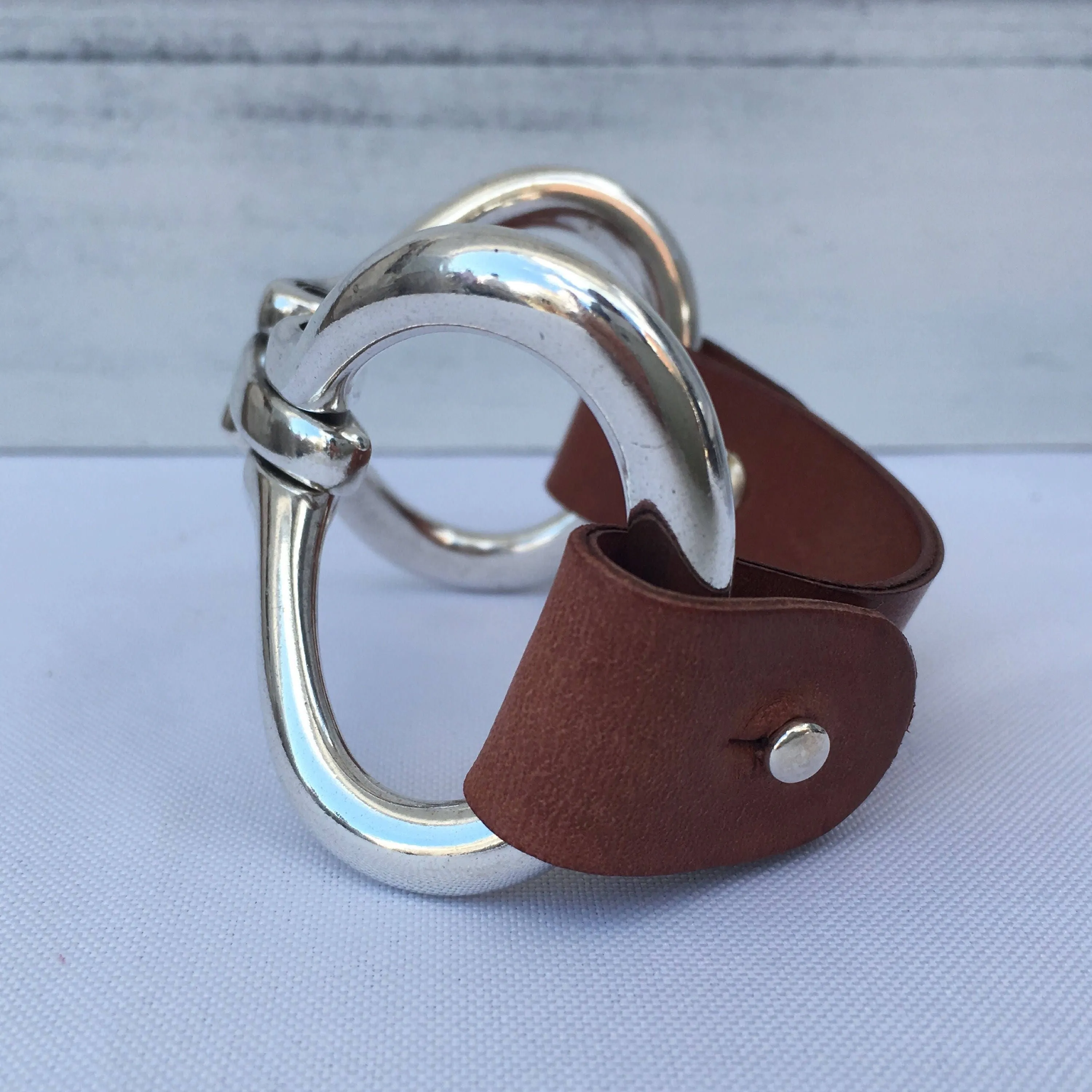 Two-Sided Snaffle Bit Leather Bracelet with Brown Leather Cuff