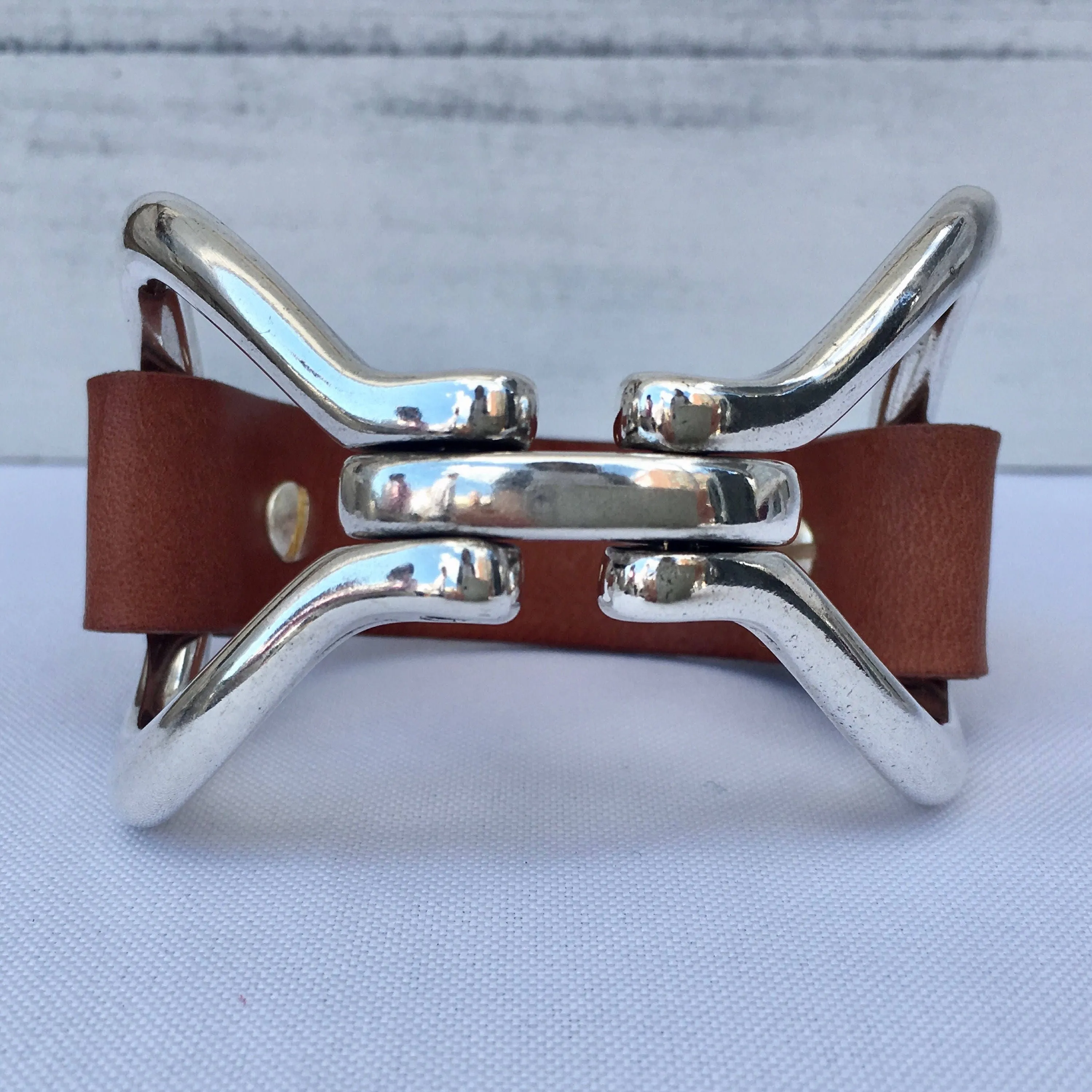 Two-Sided Snaffle Bit Leather Bracelet with Brown Leather Cuff