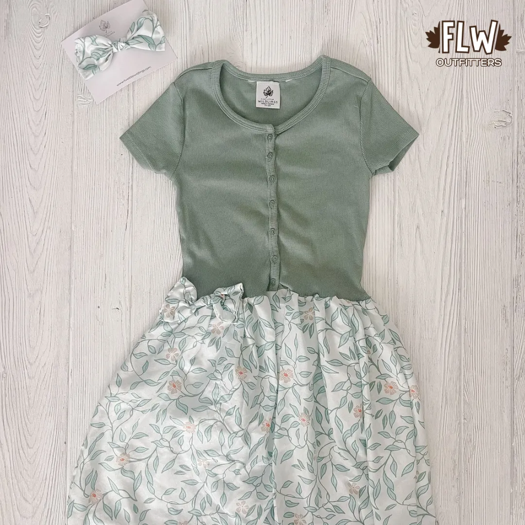 Upcycled Dress 7Y-10Y Green Leaf Floral