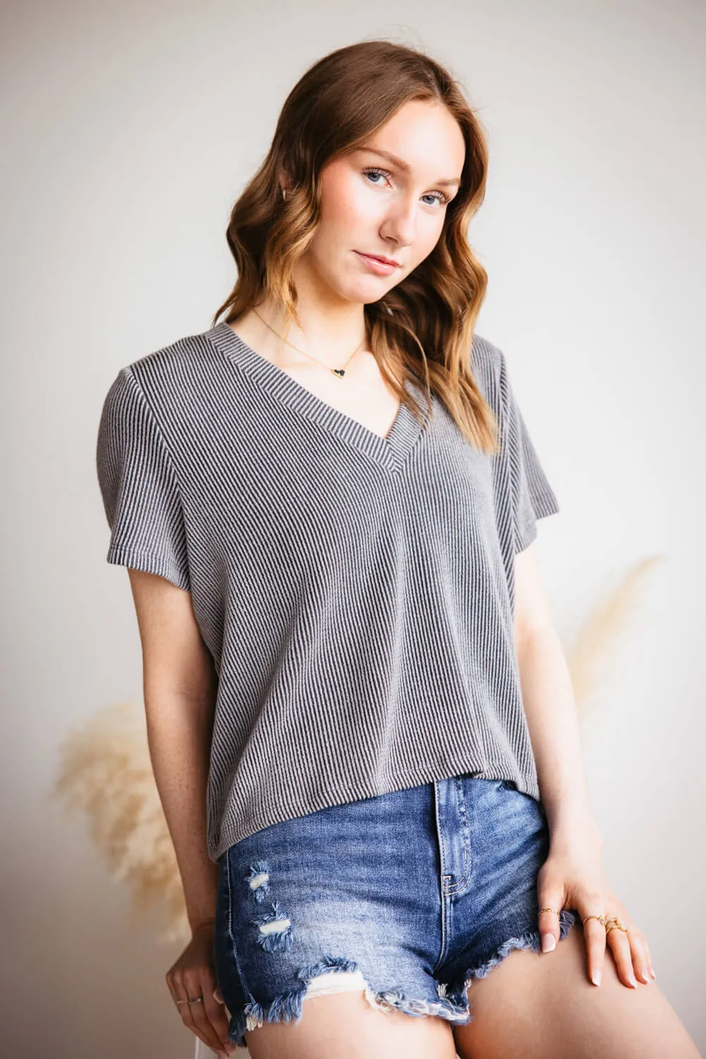 Urban Ribbed Knit Top for Women in Charcoal | T10488-CHC