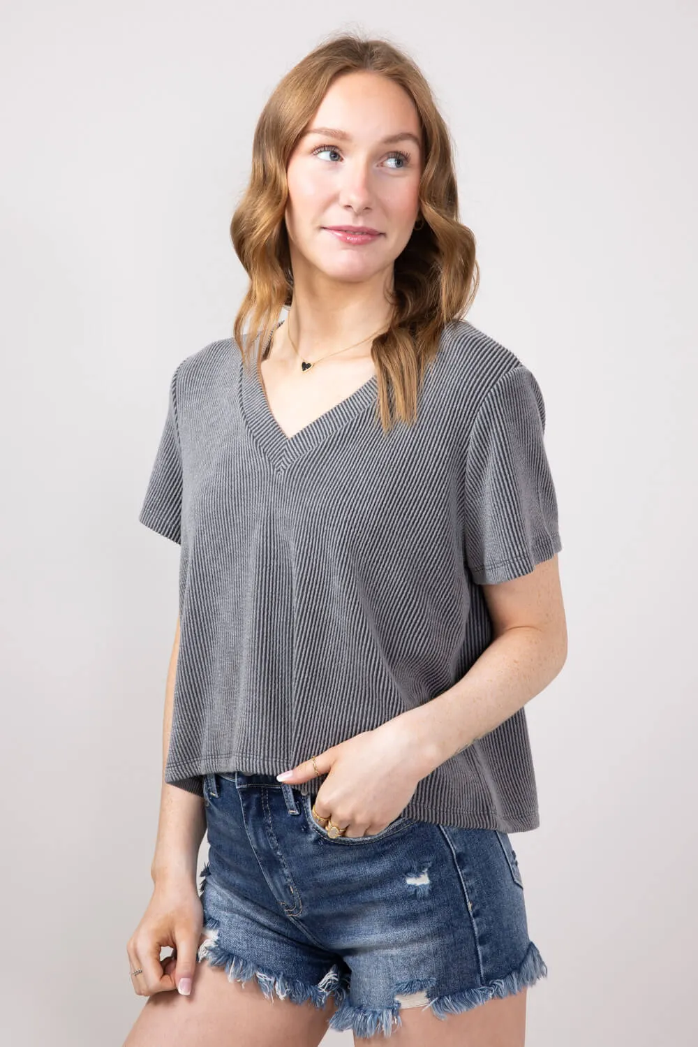 Urban Ribbed Knit Top for Women in Charcoal | T10488-CHC