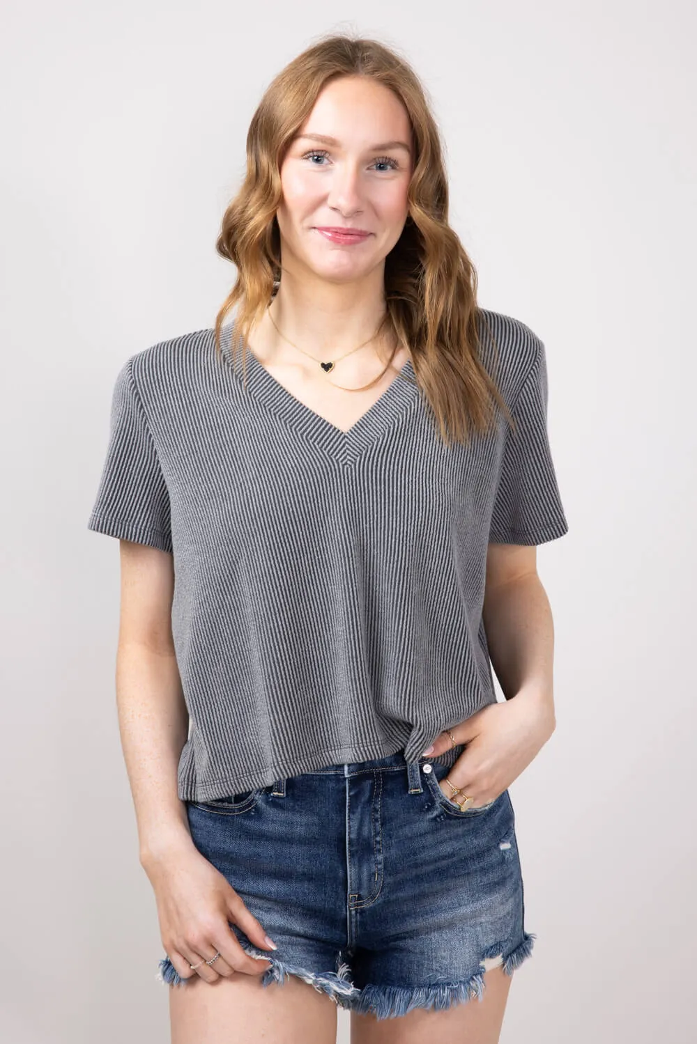 Urban Ribbed Knit Top for Women in Charcoal | T10488-CHC