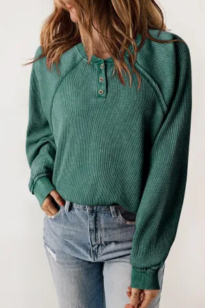 Verdant Waffle Knit Raglan Sleeve Henley Sweatshirt