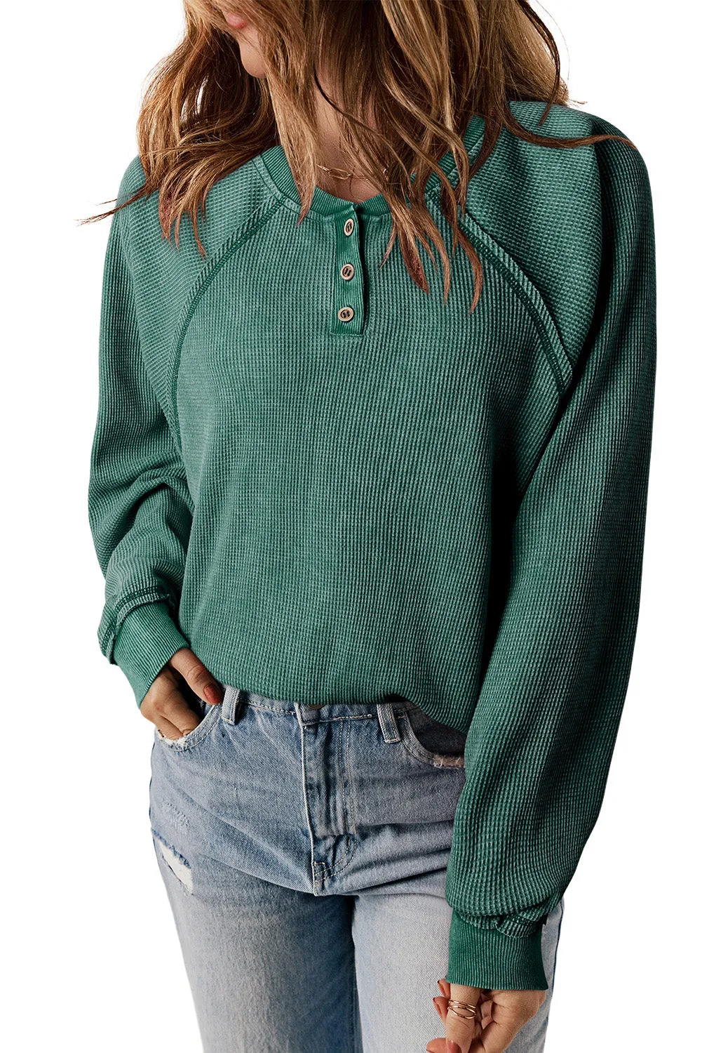 Verdant Waffle Knit Raglan Sleeve Henley Sweatshirt