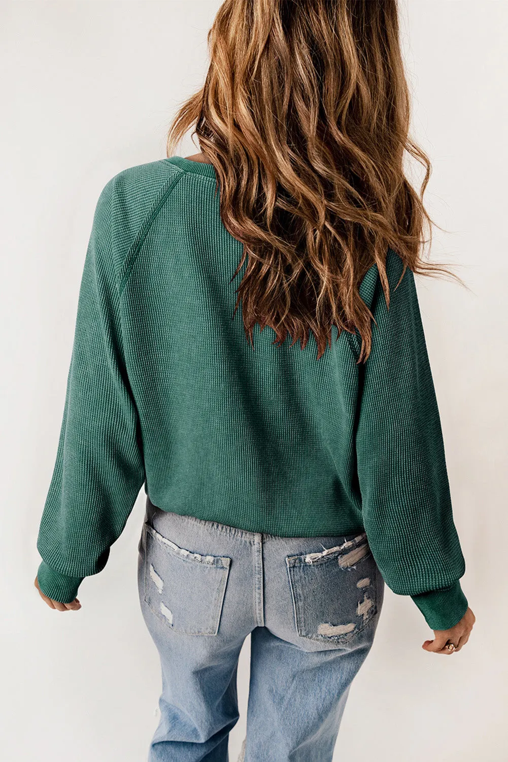 Verdant Waffle Knit Raglan Sleeve Henley Sweatshirt