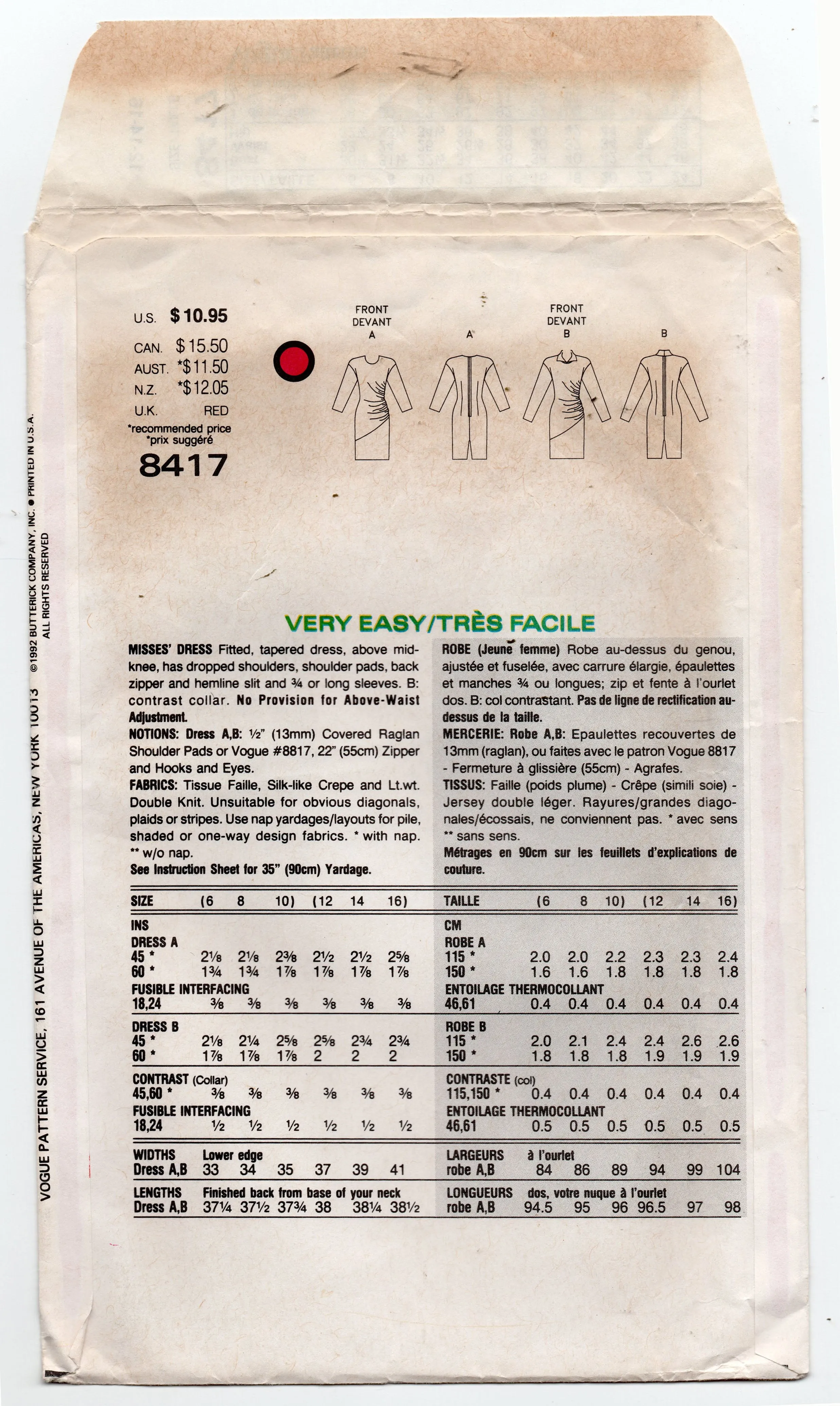 Very Easy Vogue 8417 Womens Side Ruched Evening Sheath Dress 1990s Vintage Sewing Pattern Size 12 - 16