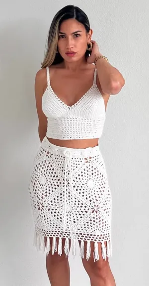 Villa Vacay White Crochet Two Piece Set