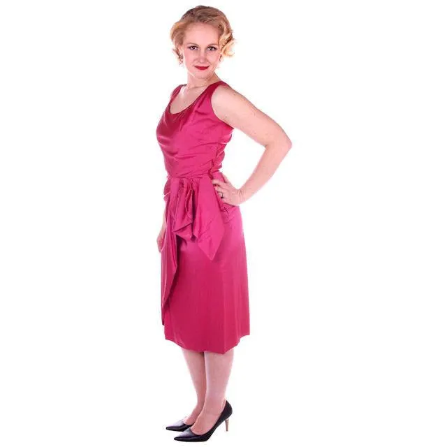 Vintage Hot Pink Satin Wiggle Cocktail Dress 1950's 38-26-40