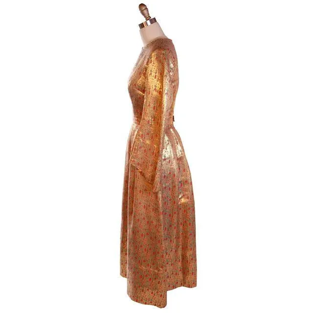 Vintage Liquid Gold Metallic Damask Evening Gown Custom 1940S 36-28-Free