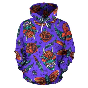Violet Design Skull With Rose Fashion All Over Hoodie