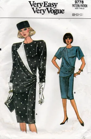 Vogue 9778 Womens Side Draped  Straight Dress 1980s Vintage Sewing Pattern Size 8, 10