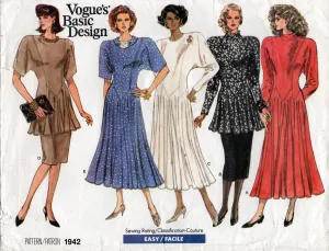 Vogue Basic Design 1942 Womens Dolman Sleeved Dress Tunic & Skirt 1980s Vintage Sewing Pattern Size 8 - 12 or 14 - 18 UNCUT Factory Folded