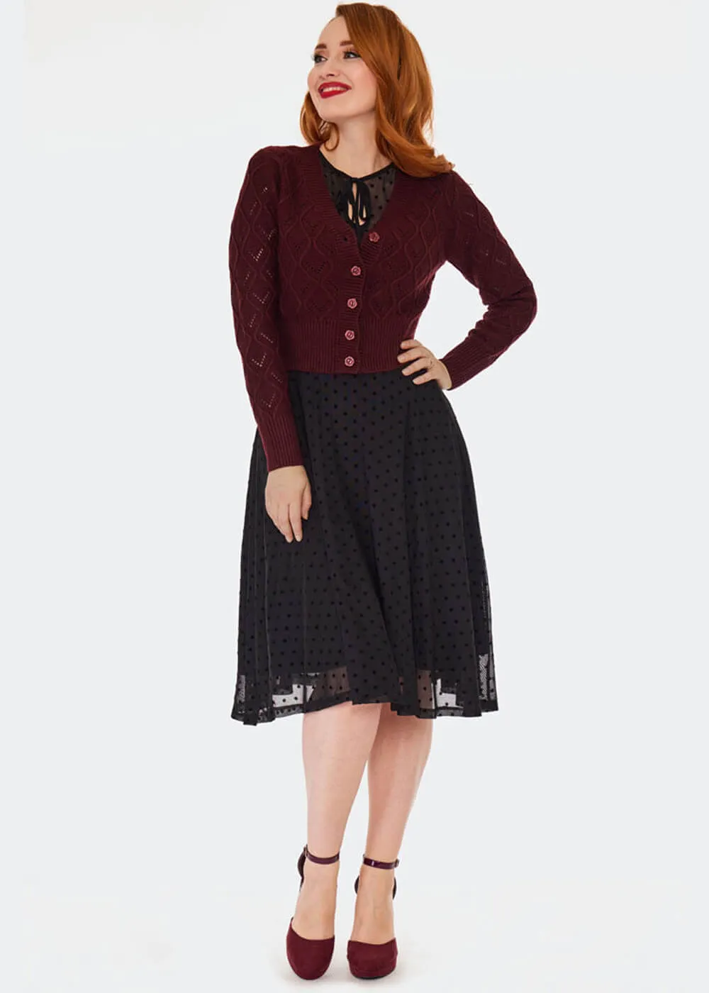 Voodoo Vixen Flower Button 50's Cardigan Burgundy Red