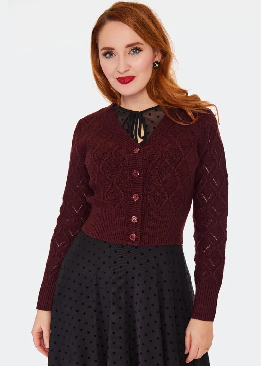 Voodoo Vixen Flower Button 50's Cardigan Burgundy Red