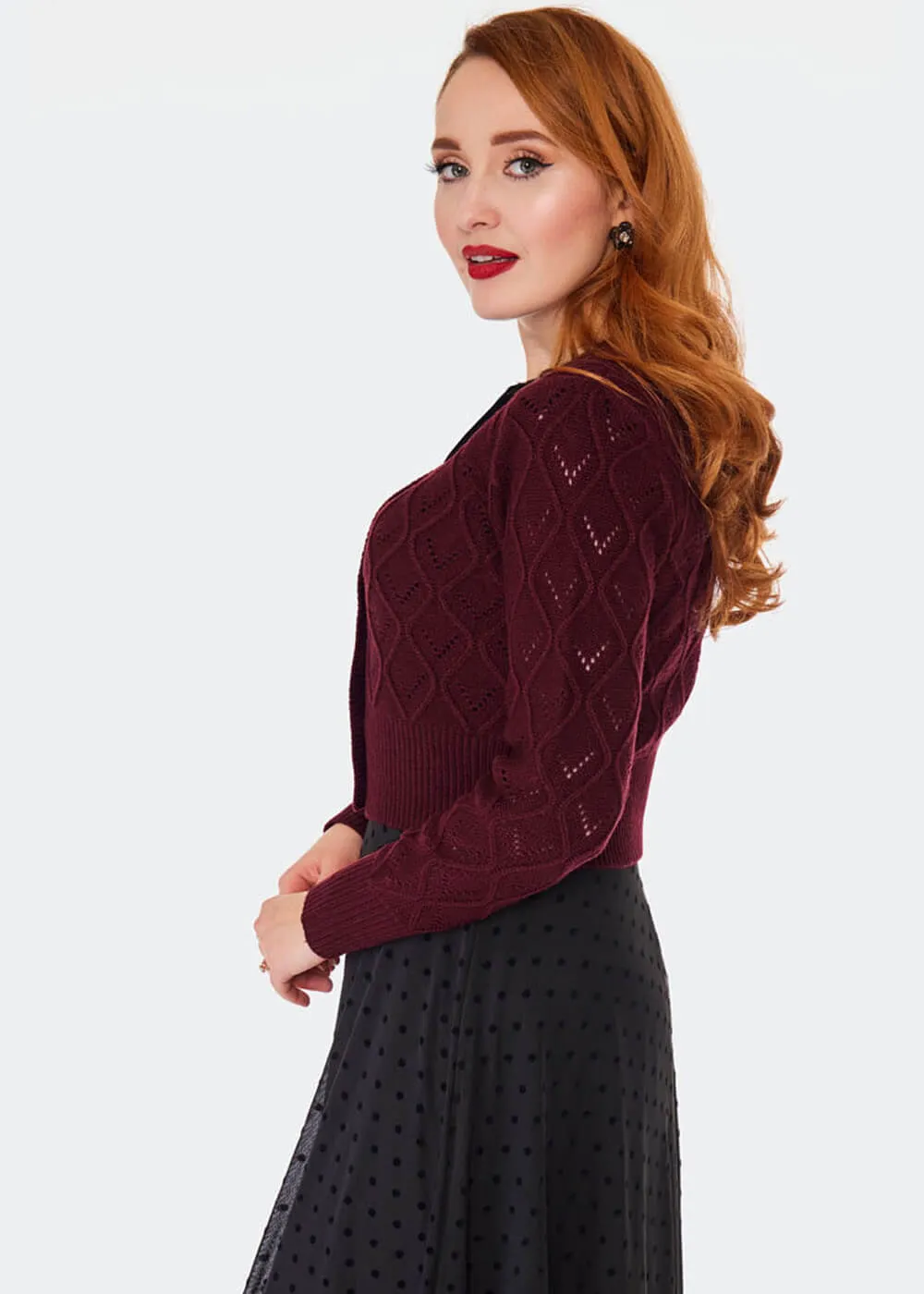 Voodoo Vixen Flower Button 50's Cardigan Burgundy Red