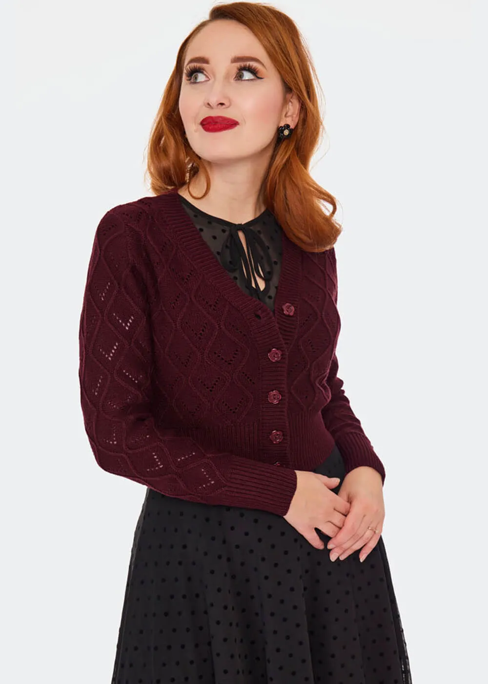 Voodoo Vixen Flower Button 50's Cardigan Burgundy Red