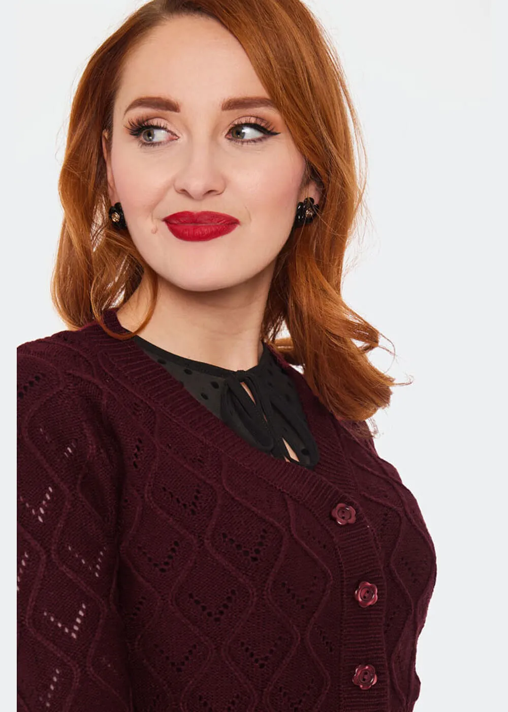 Voodoo Vixen Flower Button 50's Cardigan Burgundy Red