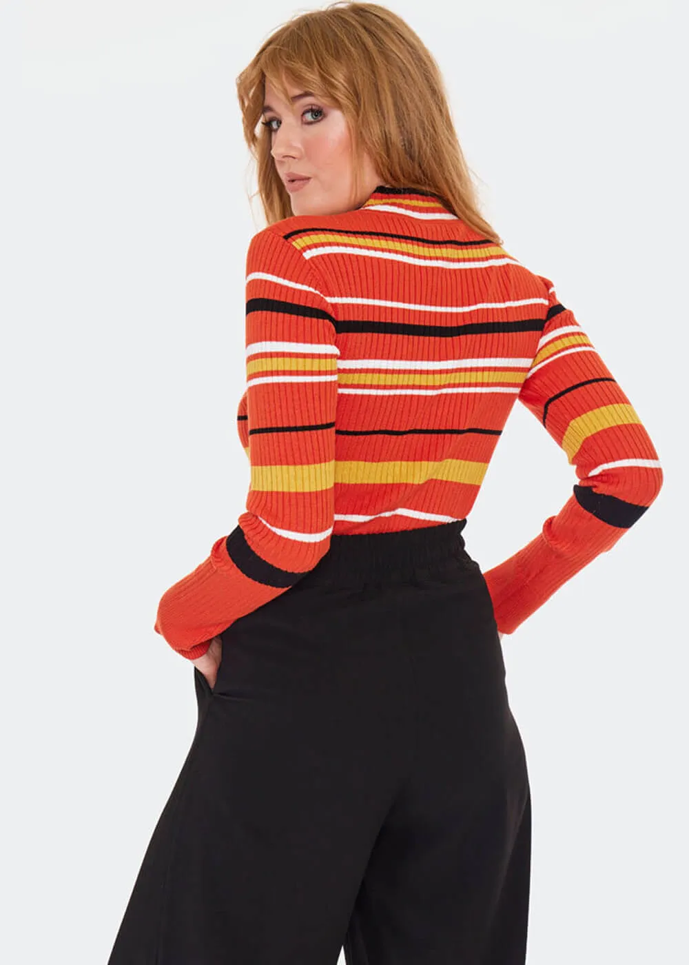 Voodoo Vixen High Neck Stripe 70's Sweater Orange