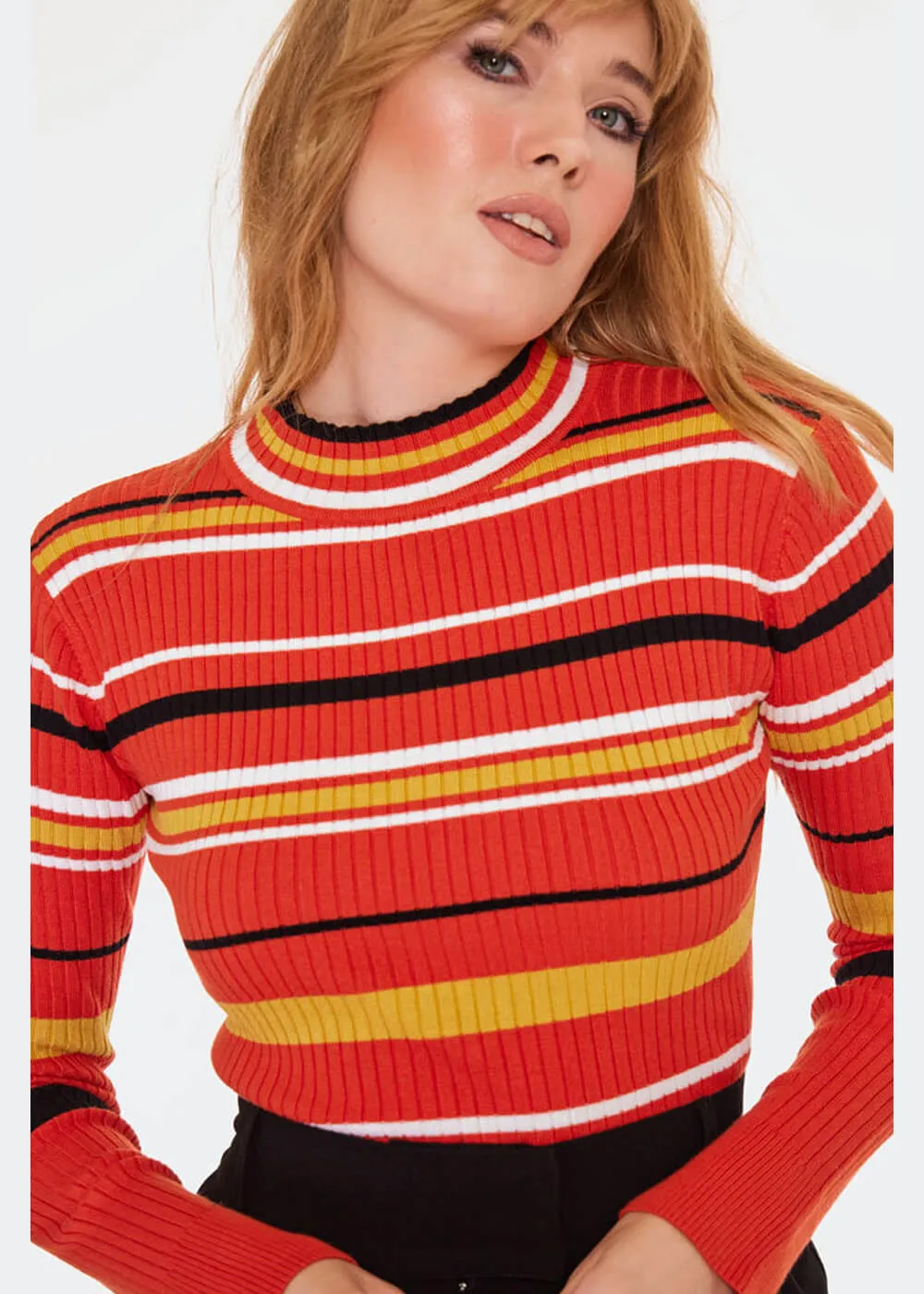 Voodoo Vixen High Neck Stripe 70's Sweater Orange
