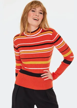 Voodoo Vixen High Neck Stripe 70's Sweater Orange