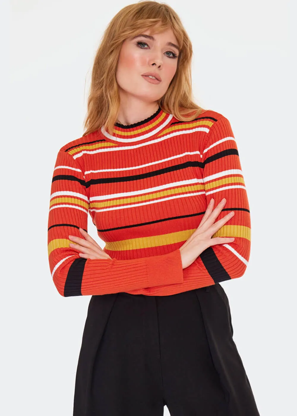 Voodoo Vixen High Neck Stripe 70's Sweater Orange