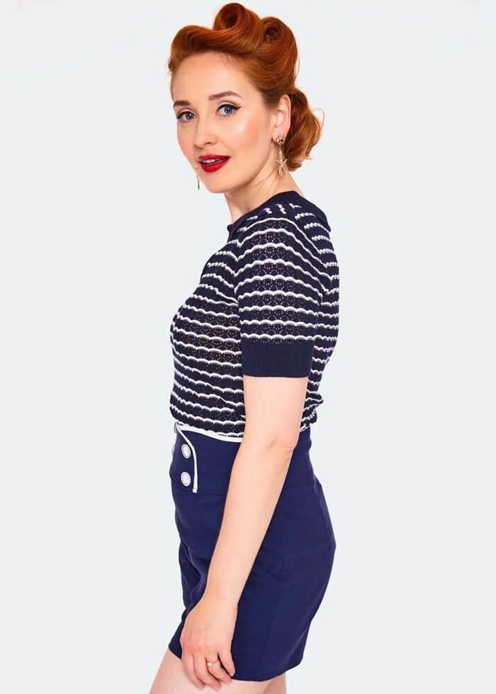 Voodoo Vixen Scallop Stripe 40's Top Blue