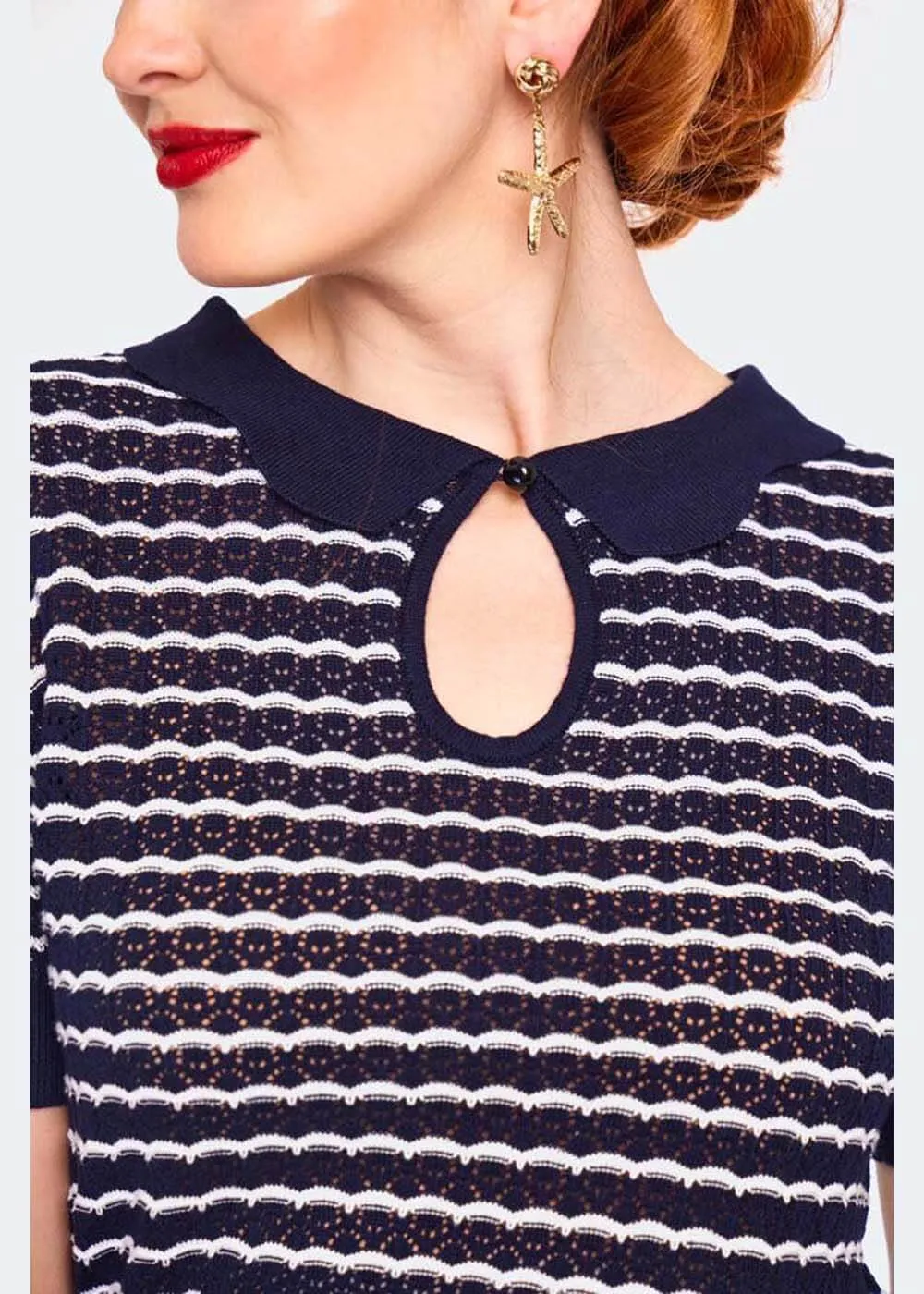 Voodoo Vixen Scallop Stripe 40's Top Blue