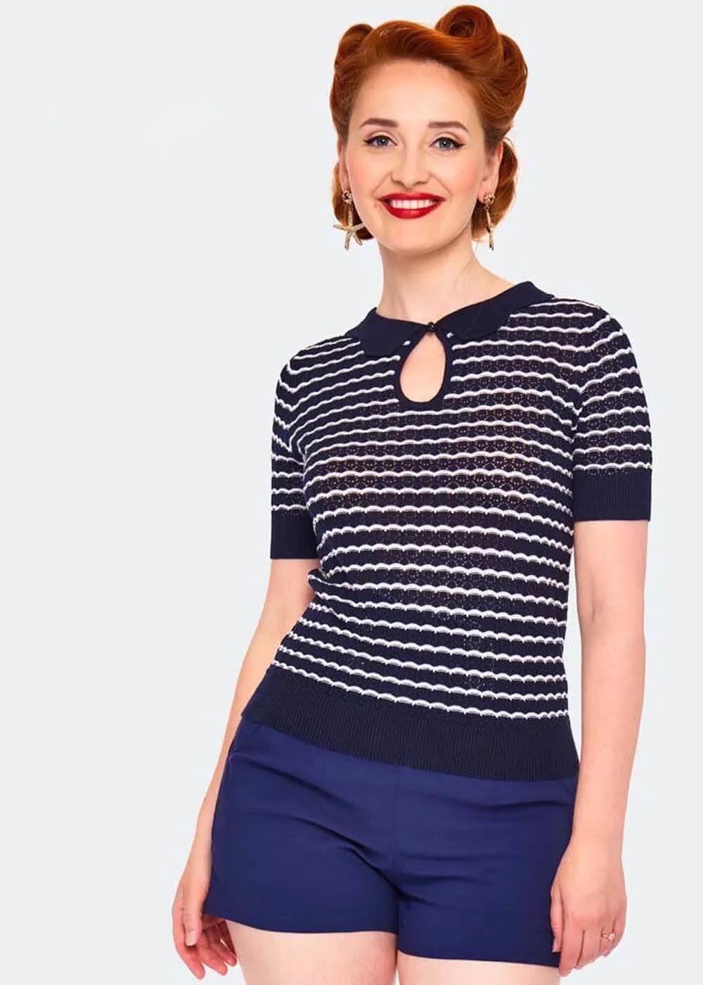 Voodoo Vixen Scallop Stripe 40's Top Blue
