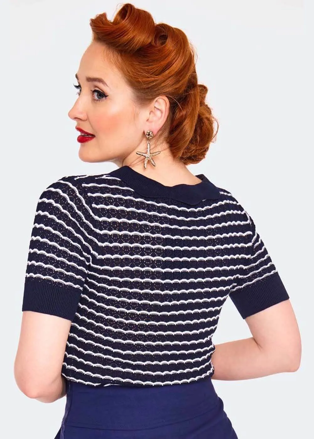 Voodoo Vixen Scallop Stripe 40's Top Blue
