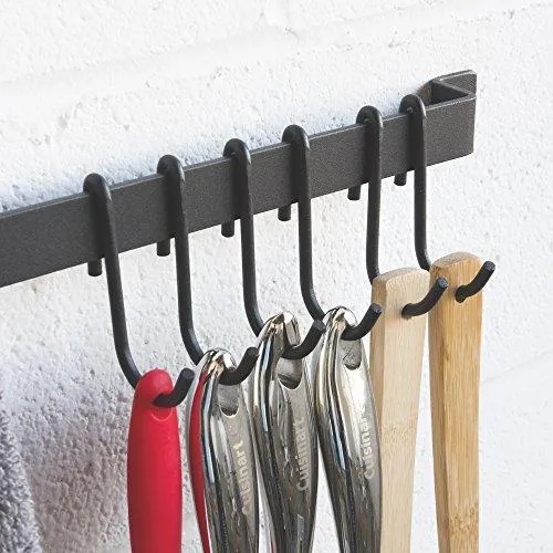 Wallniture Kitchen Rail Organizer Iron Hanging Utensils Rack with Hooks Frosty Black 30 Inch